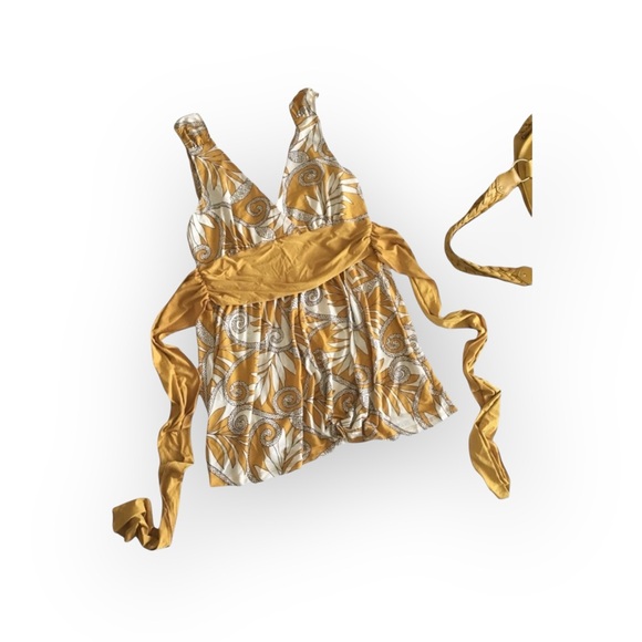 Come Como ❁ Printed Plunging V Neck Tunic Cami Tank ❁ Goldenrod + Ivory ❁ Large - Picture 3 of 16